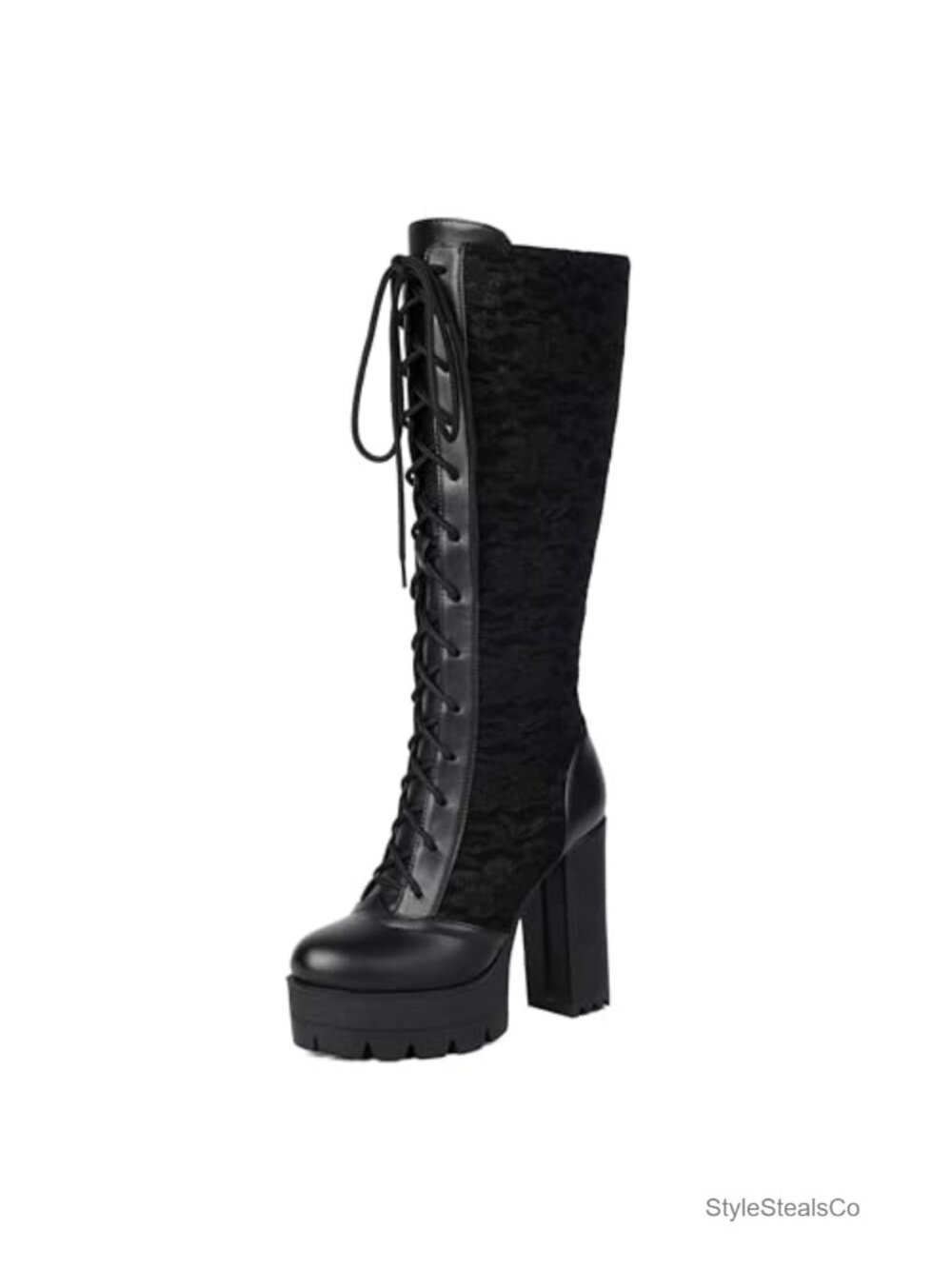 Womens Knee-High Lace-Up Platform Combat Boots Gothic PU Synthetic